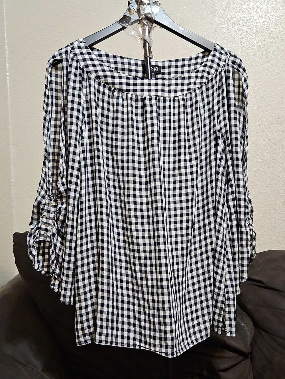 Jones New York Cold Shoulder Black and White Gingham Top with Ruched 3/4 Sleeves